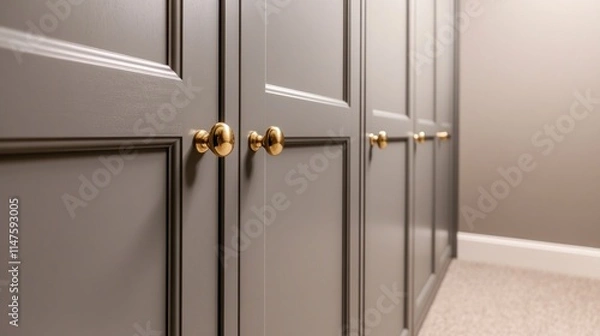 Fototapeta Gray custom built-in wardrobe with gold knobs.