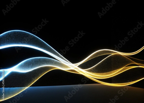 Fototapeta Waves of light in motion with blue and golden curves on dark background / Ondas de luz en movimiento con curvas doradas y azules sobre fondo oscuro