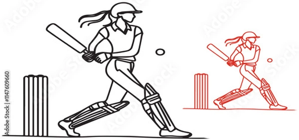 Obraz black line art girl posing cricket playing style . vector