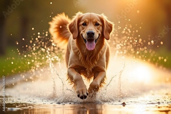 Fototapeta Energetic Golden Retriever Splashing Through Water Against Dramatic Sunset