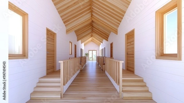 Obraz A bright, wooden corridor with a high ceiling, featuring multiple doors and windows, creating a spacious and inviting atmosphere.