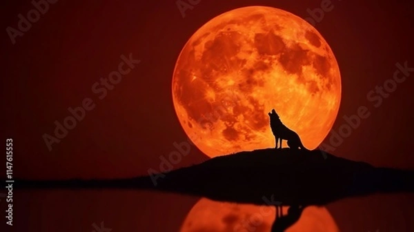 Fototapeta Wolf howling against a large orange moon backdrop.