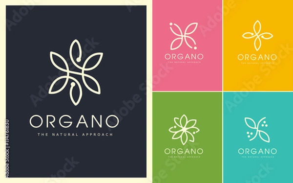 Fototapeta Organiczne Logo wektor zestaw. Liniowy i naturalny wzór emblematu. Kosmetyka, Uroda, Spa, Liść, Ekologia, Monogram wykonany z liści.