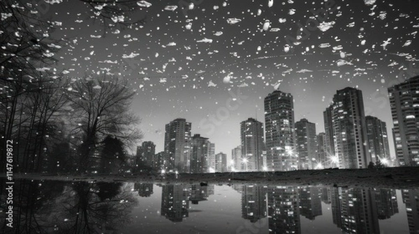 Obraz Monochrome cityscape reflected in still water, snowing at night.