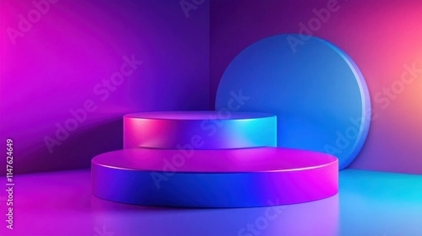 Fototapeta Abstract Neon Display with Cylindrical Platforms