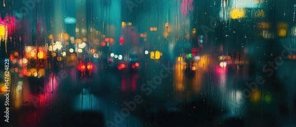 Fototapeta Blurred City Lights Reflected on Rain-Drenched Window at Night