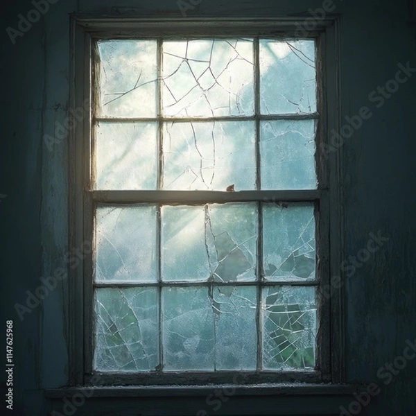 Fototapeta Sunlit, cracked window in an old, weathered frame.  Light streams through the broken glass panes.
