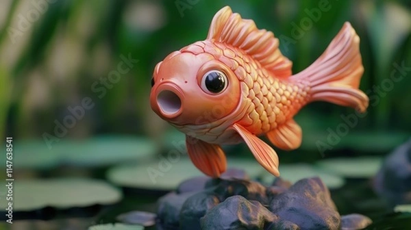 Obraz A vibrant cartoon-style sculpture of a koi fish, showcasing playful and whimsical design elements. The stylized fish features bright, bold colors and exaggerated details, 