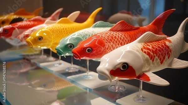 Obraz A vibrant cartoon-style sculpture of a koi fish, showcasing playful and whimsical design elements. The stylized fish features bright, bold colors and exaggerated details, 