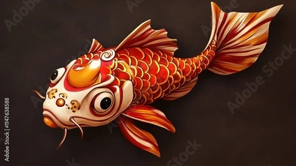 Obraz A vibrant cartoon-style sculpture of a koi fish, showcasing playful and whimsical design elements. The stylized fish features bright, bold colors and exaggerated details, 