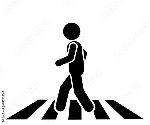 Fototapeta  A stickman flat character illustration walking on a zebra crossing, with traffic lights showing walk or stop signals.