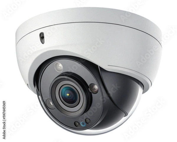 Fototapeta Closeup of white dome type cctv digital security camera installed on ceiling for observation. PNG