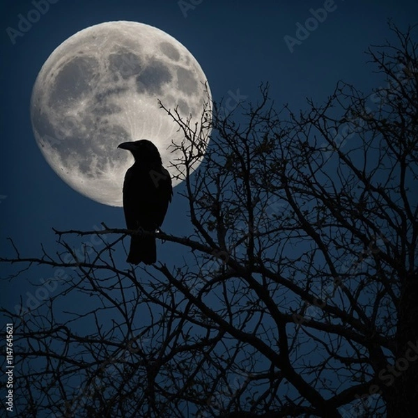 Obraz A crow silhouetted against a full moon on a cloudy night.