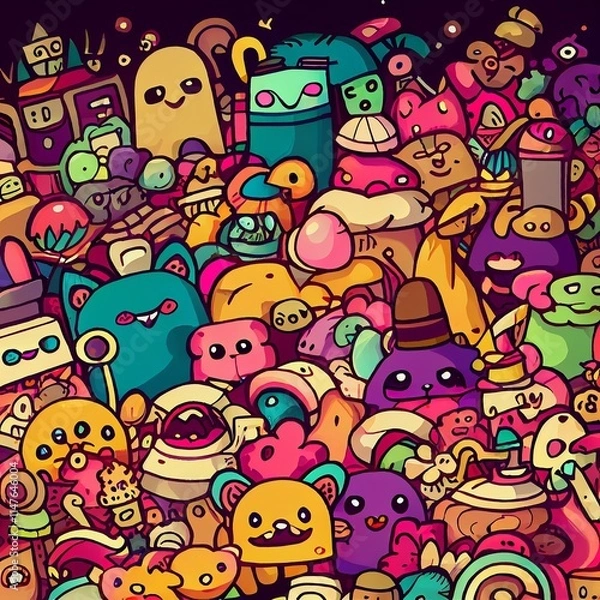 Fototapeta Colorful whimsical doodle illustration featuring various cute characters, objects, and food items.