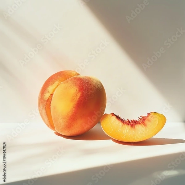 Fototapeta Peach with a slice cut out, on a white background, detailed close-up, vibrant colors, soft shadow, bright lighting, minimalistic style