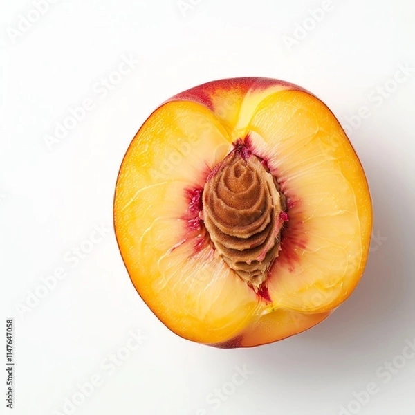 Fototapeta Half a peach with a pit on a white background, detailed close-up, bright lighting, sharp focus, studio shot, crisp and clean image