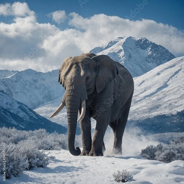 Fototapeta A giant elephant walking through a snowy blue and white mountain range.