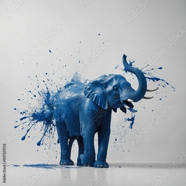 Fototapeta An abstract elephant shape formed with blue paint on a white canvas.