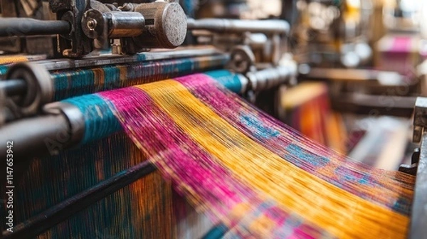 Fototapeta Textile machines designed for weaving silk thread, emphasizing the intricate process of creating silk fabric. Captivating details of textile machines with ample copy space for design purposes.