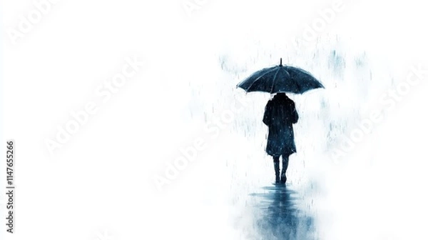 Fototapeta A man is walking in the rain with an umbrella
