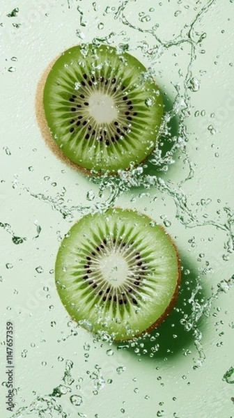 Obraz Fresh Kiwi Slices with Water Splashes on Green Background