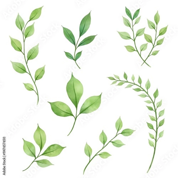 Fototapeta Watercolor botanical illustration featuring hand-painted green leaves and branches. The artwork showcases various leaf shapes and textures with vibrant shades of green on a clean white background.