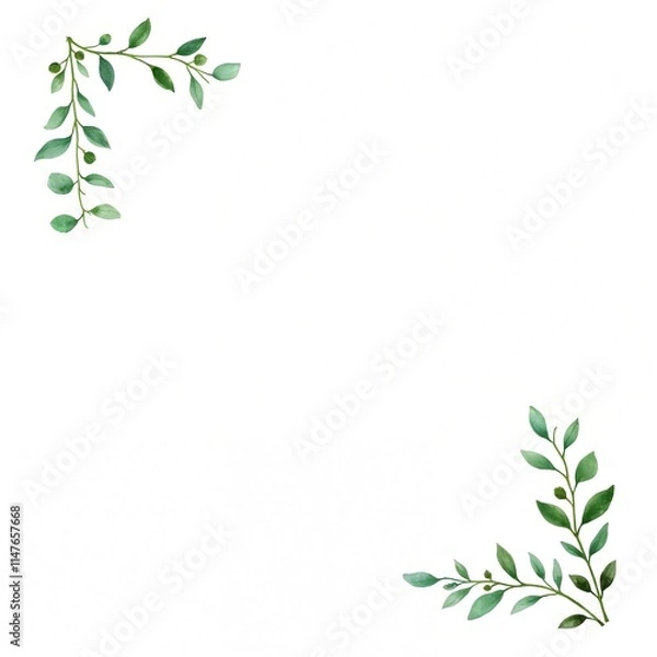 Fototapeta Watercolor botanical illustration featuring hand-painted green leaves and branches. The artwork showcases various leaf shapes and textures with vibrant shades of green on a clean white background.