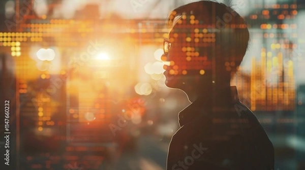 Fototapeta Silhouette of a supply chain manager tracking shipments on a digital network interface, soft ambient light, side profile, photorealistic