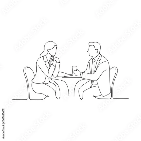 Fototapeta Business conversing at a table, illustrating a moment of dialogue and connection between them Continuous line draw Full length single line animation