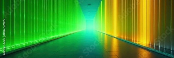 Fototapeta Futuristic hallway with glowing green and yellow vertical panels creating a light gradient, evoking modern design style and abstract atmosphere.