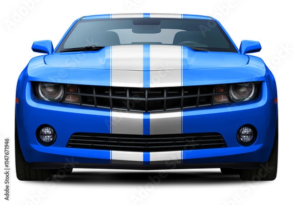 Fototapeta Powerful American blue muscle car front view. With white stripes in the center. Isolated on a transparent background in PNG format.