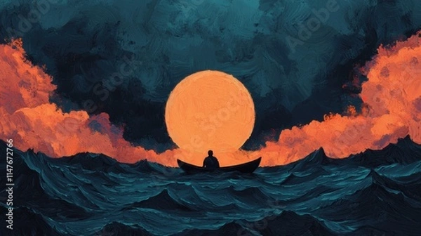 Fototapeta Serene Sunset Over Calm Seas with Silhouette of a Lone Boater