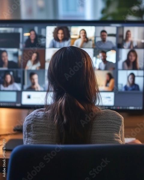 Fototapeta Blur Background, Interactive Online, Virtual meeting engagement business collaboration home office video conference digital workspace participant perspective remote communication