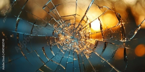 Fototapeta A perspective through a fractured safety glass window, capturing the unique details of the safety glass and its design, offering an intriguing view into the world beyond the safety glass.