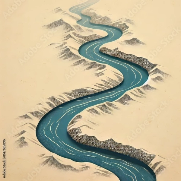 Obraz River Flow A single winding blue line flowing across a textured