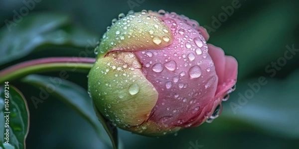 Fototapeta Peony bud adorned with droplets after rain, showcasing the delicate beauty of peony buds as they glisten with freshness, capturing the essence of nature after a refreshing rain shower.
