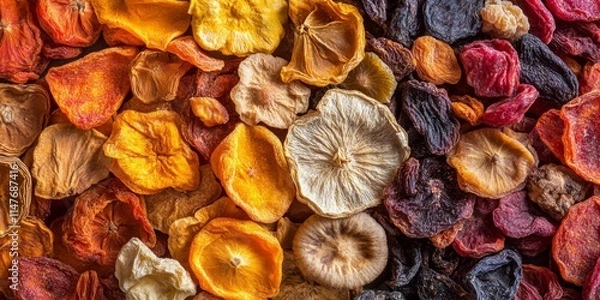 Fototapeta Close up view of dried fruits, showcasing various types of dried fruits in rich textures and colors. This close up of dried fruits highlights their natural beauty and unique features.