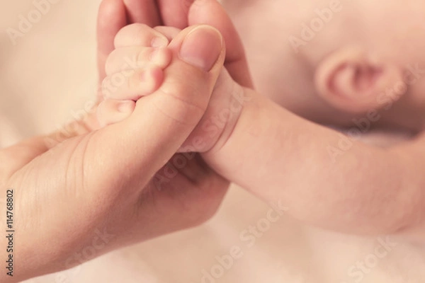 Fototapeta Child hand holding parent hand, closeup