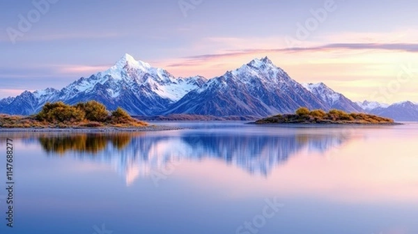 Fototapeta Serene sunrise over snow-capped mountains reflected in calm lake.