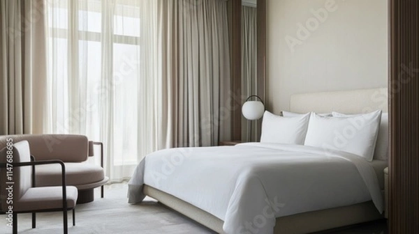 Fototapeta Minimalist modern guest room with refined, clean decor. Featuring soft hues and sleek lines