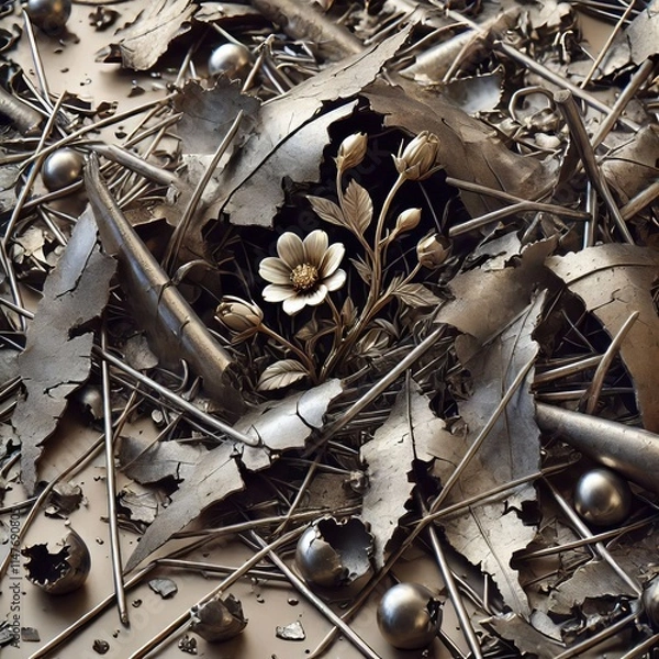 Obraz Shards of Metal Emerging Flowers Shards of metal scattered with