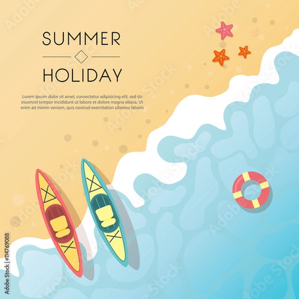 Fototapeta Set of summer travel flyers with beach items and wave.