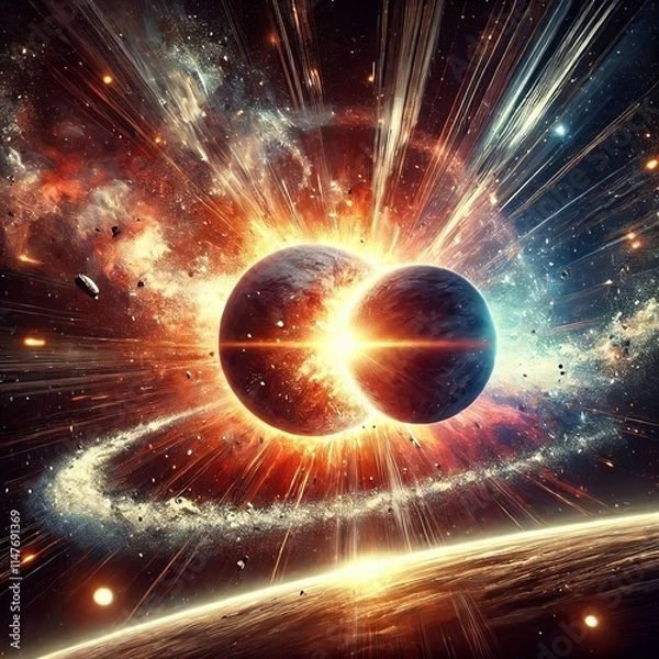 Fototapeta Planetary Collision Two planets colliding creating a spectacular