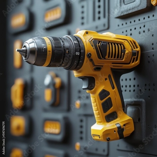 Fototapeta A close-up of a yellow cordless drill mounted on a textured black wall, showcasing its sleek design and functionality.
