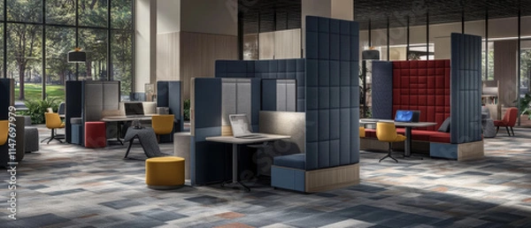 Fototapeta Innovative office space featuring modern workstations, colorful seating, and collaborative areas. design promotes creativity and productivity in bright environment