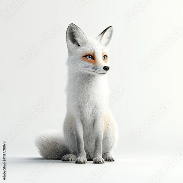 Fototapeta realistic 3D render of white fox with blue eyes, sitting gracefully. soft fur and detailed features create charming and lifelike appearance, perfect for animal lovers