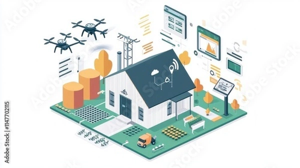 Fototapeta Futuristic AI-Powered Farming: Humans & Drones Working Together for Optimal Crop Yield in 2D Flat Illustration