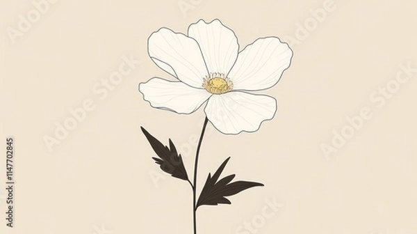 Fototapeta Minimalist illustration of a single white flower with dark leaves on a beige background.