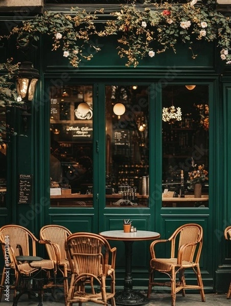 Obraz A charming cafe exterior features green walls, floral decor, and cozy wicker seating, inviting patrons to relax.