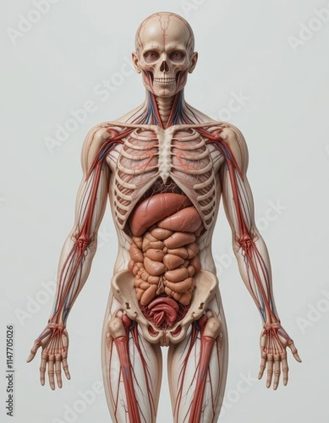 Obraz Title Detailed Human Musculature and Skeletal System Anatomy Art Suitable for medical textbooks, educational websites, anatomy presentations, fitnessrelated materials, and healthcare content.